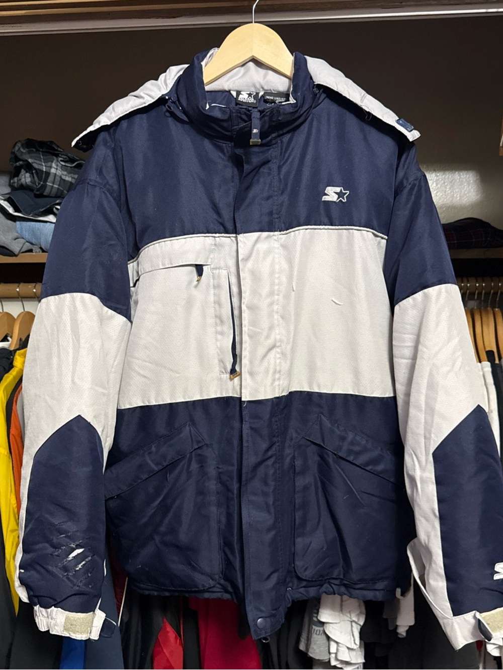 Vintage Mens Starter Down Jacket L (42/44) Blue/White Parka Puffer Hooded Coat